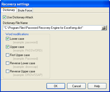 Word password recovery settings