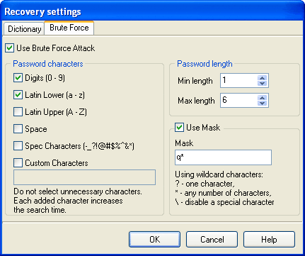 Excel password recovery settings